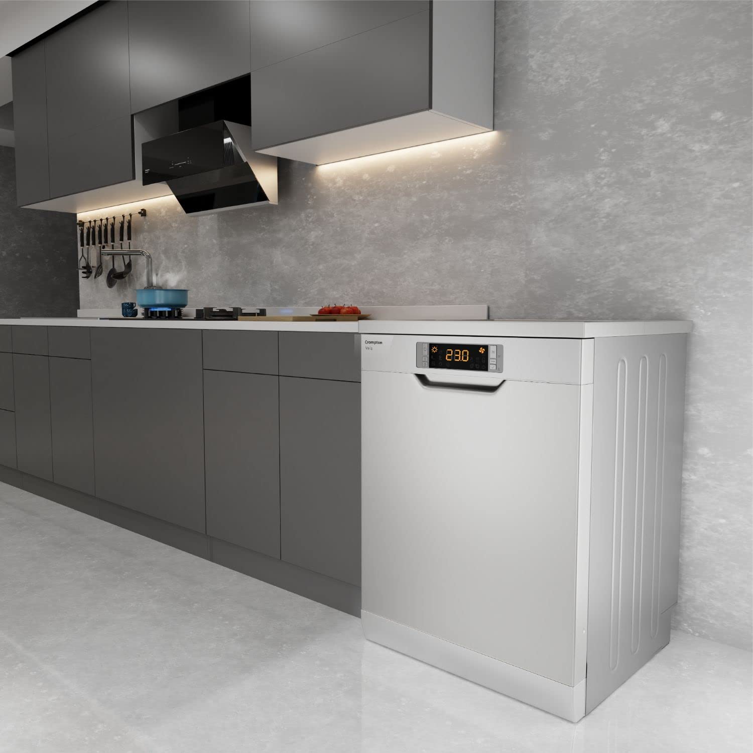 குரோம்ப்டன் FS-DWVOA12PS-DS வோய்லா 12 பிளேஸ் செட்டிங் டார்க் சில்வர் ஃப்ரீஸ்டாண்டிங் டிஷ்வாஷர் வித் ஸ்டெயின்லெஸ் ஸ்டீல் இன்னர் டப்