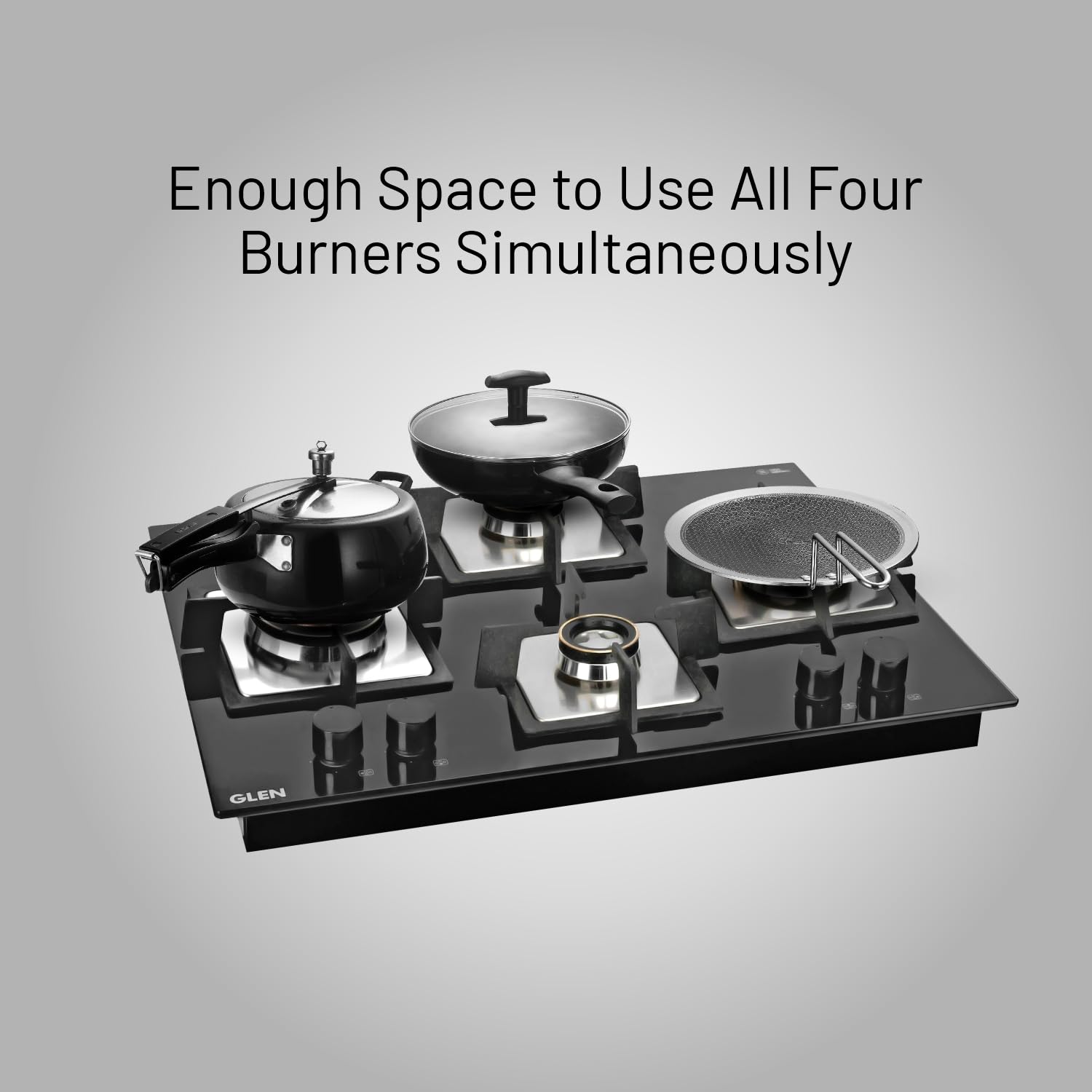 Glen 4 Burner Glass Hob Top Triple Ring Burner Double Ring Forged Brass Burner Auto Ignition (1065 X Sq Ht Db Tr), Black