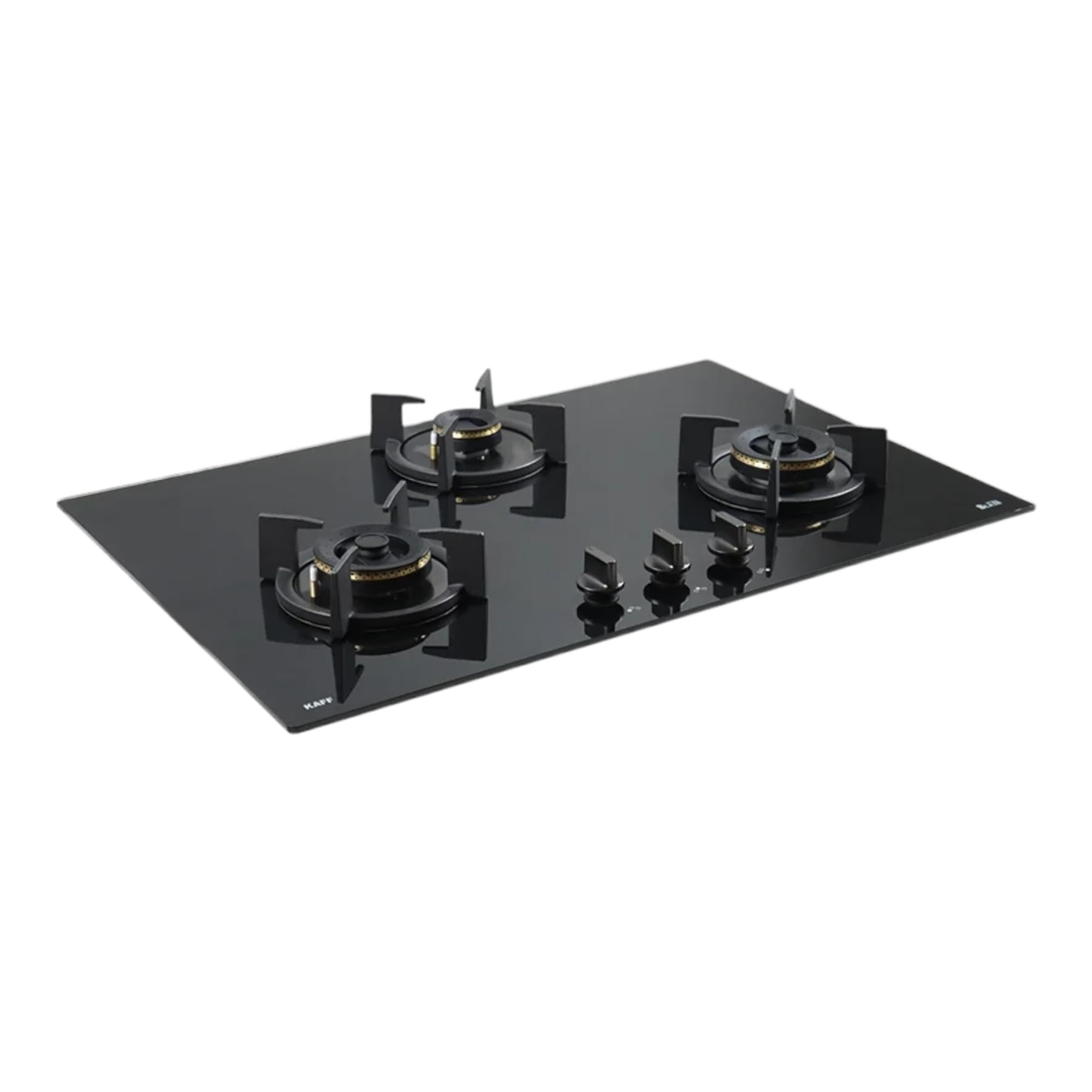 KAFF BZ 783 Built-in Hob | Auto Ignition | 3 High Efficiency Forged Brass Burners Coated in Black | 8 Mm Thick Black Tempered Glass with Round Edges | Metal Knob