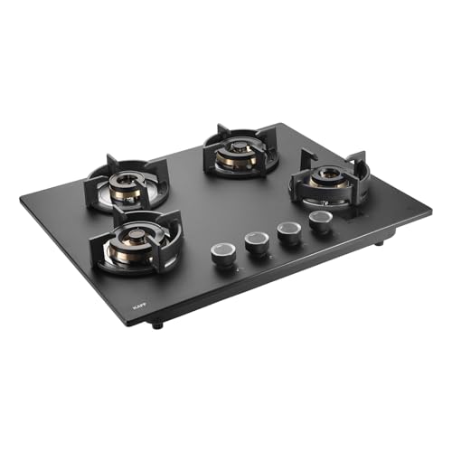 KAFF PRESTON PRS 654 Built-in Hob/Hobtop 4 Burners with Digital Timer, Auto Electric Ignition Glass Top, 65 CM, Full Brass Burners with Flame Failure Device, Metal Knobs (Black)