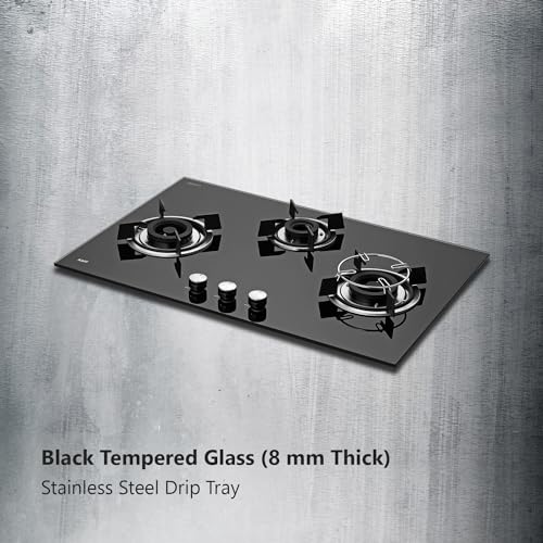 KAFF HBR 783 Built-in Hob/Hobtop 3 Burners, Auto Electric Ignition Glass Top, 78 CM, Powerful Brass Burners, 8 MM Thick Toughened Glass, Enamelled Matt Grills (Black)