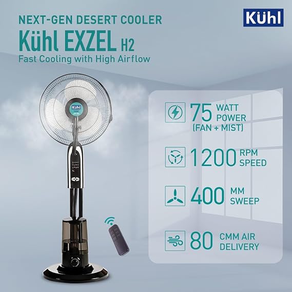 KUHL Exzel H2 Next Gen Desert Cooler Pedestal with Mist & Humidifier | 3 Blades | 3 Speed | Remote & Touch Panel | Height Adjustment | 8 Hr Water Tank | 400 mm