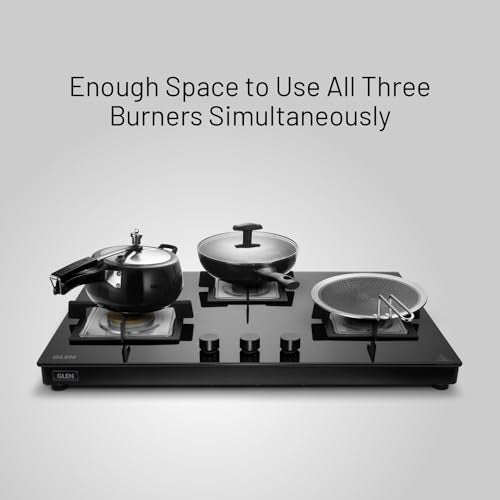 க்ளென் 3 பர்னர் அல்ட்ரா ஸ்லிம் ஃப்ரீ ஸ்டாண்டிங் ஹாப் | 8 MM டஃபன்ட் கிளாஸ் | கருப்பு | போலி பித்தளை பர்னர்கள் | 2 வருட தரநிலை & 5 வருட கண்ணாடி | 1073 US BL 75 செ.மீ.