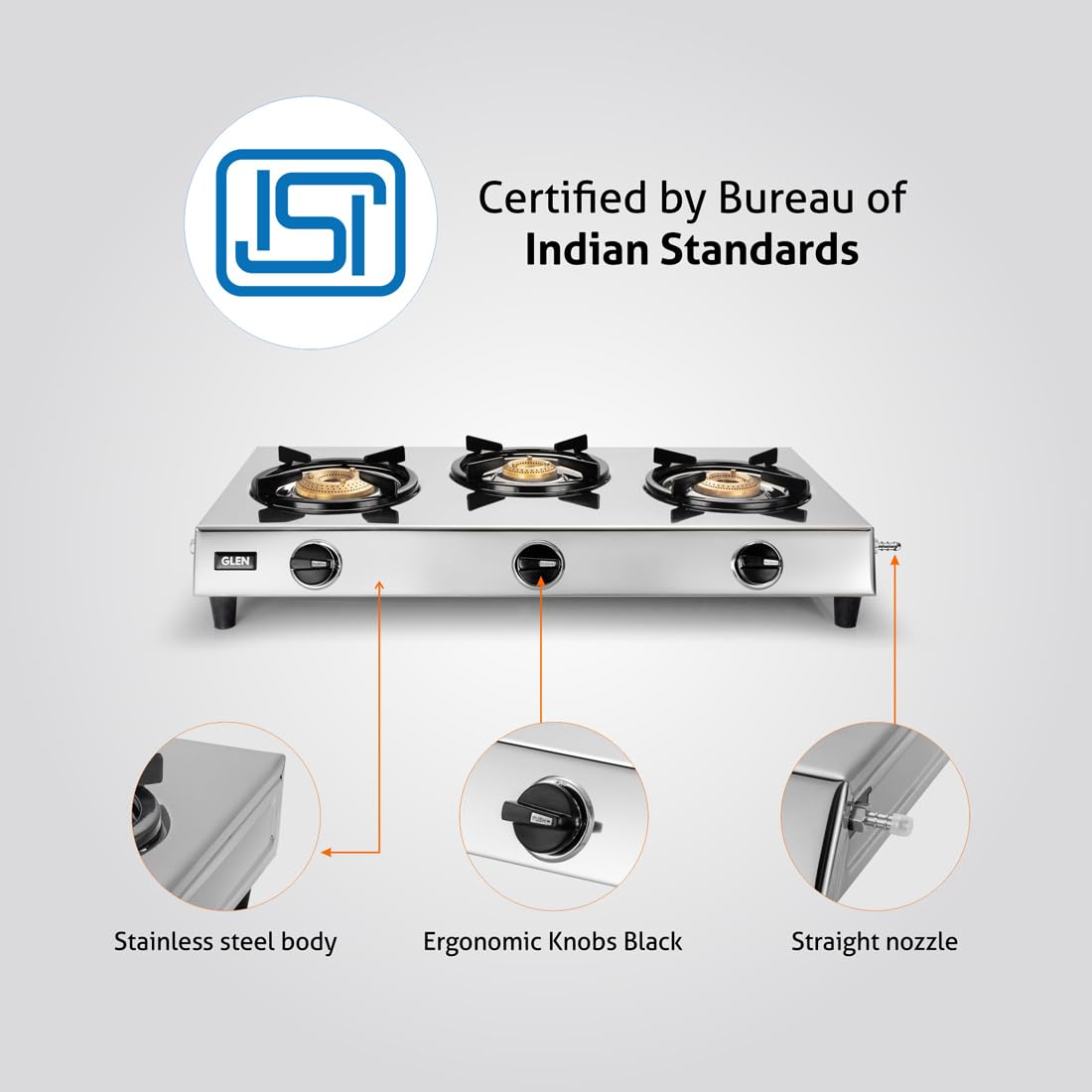 3 Burner Stainless Steel Gas Stove with High Flame Brass Burner (Rectangular)