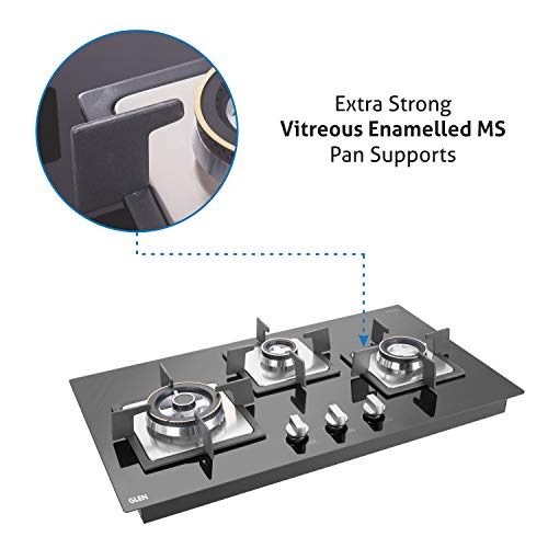 ग्लेन 3 बर्नर मल्टी स्पार्क ऑटो इग्निशन बिल्ट-इन ग्लास हॉब | 8 MM ग्लास फोर्ज्ड पीतल बर्नर डबल-रिंग फ्लेम के साथ | 2 साल की मानक और 5 साल की ग्लास वारंटी | 1073 SQ HT DB TR