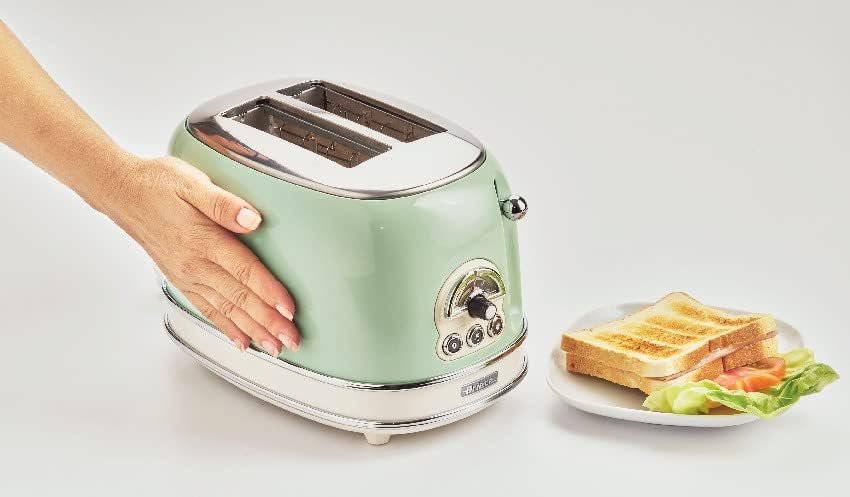 Ariete 155 Design Toaster 2 Slices With Tongs, 6 Toasting Levels, 810 W, Stainless Steel Body, Removable Crumb Tray, Pastel Green