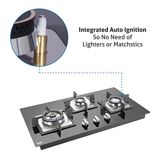 ग्लेन 3 बर्नर मल्टी स्पार्क ऑटो इग्निशन बिल्ट-इन ग्लास हॉब | 8 MM ग्लास फोर्ज्ड पीतल बर्नर डबल-रिंग फ्लेम के साथ | 2 साल की मानक और 5 साल की ग्लास वारंटी | 1073 SQ HT DB TR
