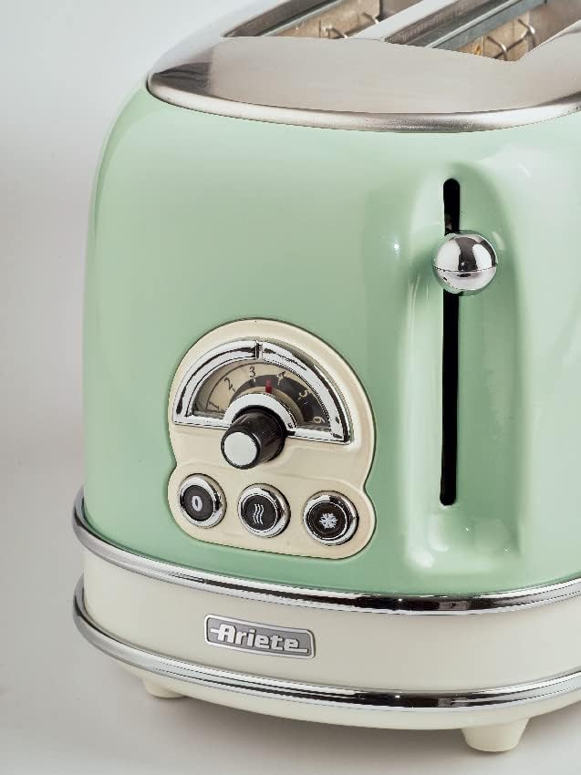 Ariete 155 Design Toaster 2 Slices With Tongs, 6 Toasting Levels, 810 W, Stainless Steel Body, Removable Crumb Tray, Pastel Green