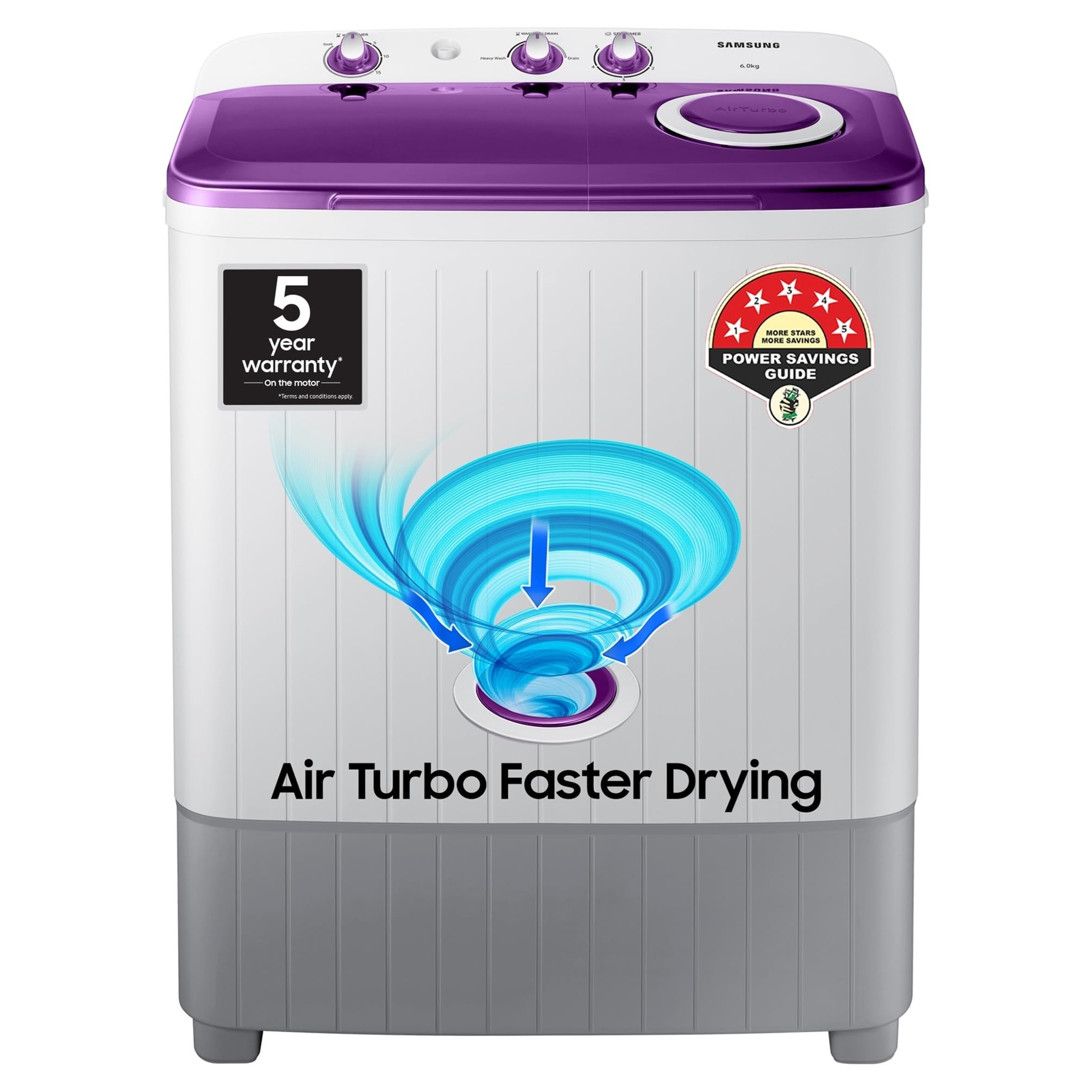 Samsung 6 kg, 5 star, Semi-Automatic Washing Machine (WT60R2000LL/TL, Air Turbo Drying, LIGHT GRAY, Awarded as Washing Machine Brand of the year)