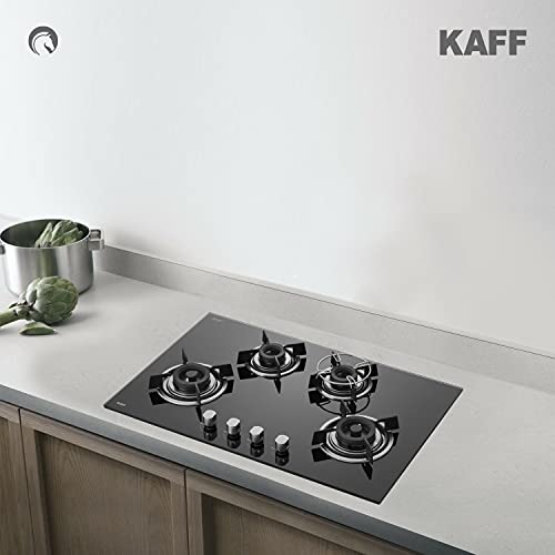 KAFF HBR 804 Built-in Hobs 4 Burners, Auto Electric Ignition Glass Top, 80 CM, Powerful Brass Burners, 8 MM Thick Toughened Glass, Enamelled Matt Grills (Black)