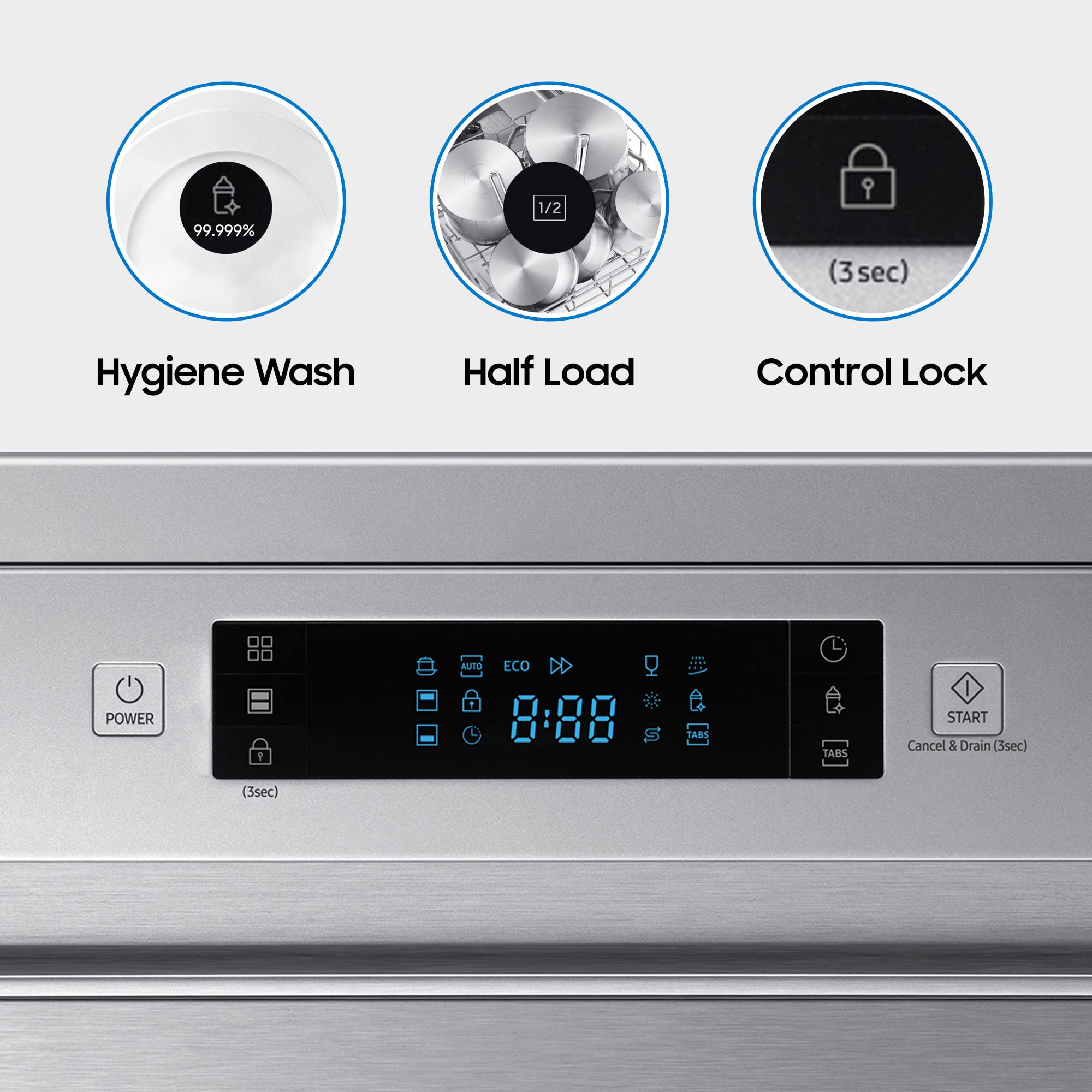 Samsung 13 Place Setting Freestanding Dishwasher with Intensive Wash (DW60M6043FS/TL), Ice blue, Stainless Steel Tub, Hygiene Clean, Height Adjustable Rack)