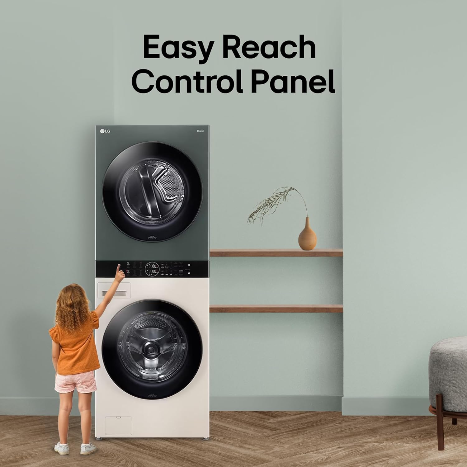 LG WashTower 13 Kg /10 Kg with AI Direct Drive & DUAL Inverter Heat Pump, Fully Automatic Front Load Washing Machine and Dryer (FWT1310BG) with Wi Fi & Central Control Panel Natural Beige & Green