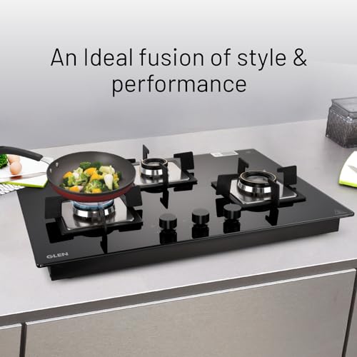 க்ளென் 3 பர்னர் பில்ட் இன் கிளாஸ் ஹாப் | ஆட்டோ இக்னிஷன் | 8 மிமீ டஃபன்ட் கிளாஸ் | கருப்பு | இரட்டை வளைய சுடருடன் கூடிய போலி பித்தளை பர்னர் | 2 வருட தரநிலை & 5 வருட கண்ணாடி | 1073 SQ HT DB 70