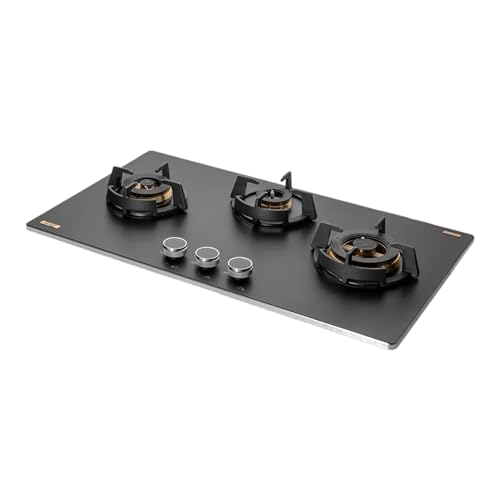 KAFF MSM 783X | Full Brass Burners | Flame Failure Device | Premium Frosted Black Glass With Decorative SS Moulded Strip | Ergonomic Designer Metal Knobs | 3 Burner (Black)