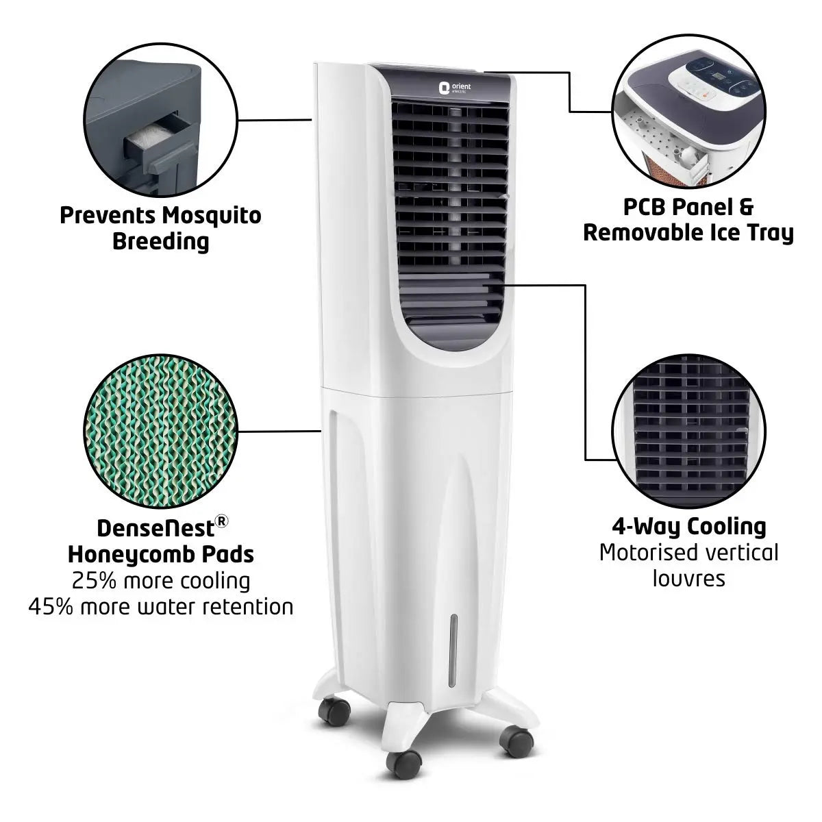 Orient Electric Ultimo Tower 40-Litre Air Cooler - Remote Control & Honeycomb Pads, White & Grey
