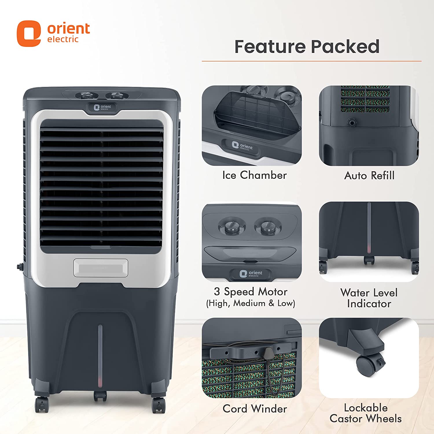 Orient Electric Ultimo 65L Desert Air Cooler with Densenest Honeycomb pads (Grey)