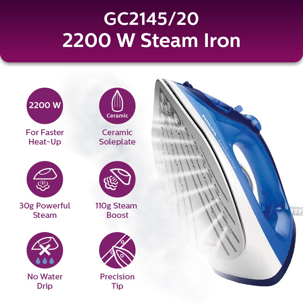 Philips EasySpeed Steam iron Ceramic soleplate 2200W Blue - GC2145/20
