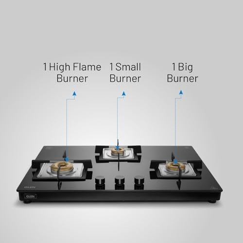 க்ளென் 3 பர்னர் அல்ட்ரா ஸ்லிம் ஃப்ரீ ஸ்டாண்டிங் ஹாப் | 8 MM டஃபன்ட் கிளாஸ் | கருப்பு | போலி பித்தளை பர்னர்கள் | 2 வருட தரநிலை & 5 வருட கண்ணாடி | 1073 US BL 75 செ.மீ.