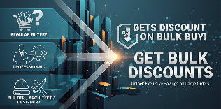 Promotional graphic with text about bulk buying discounts and icons on a dark background.