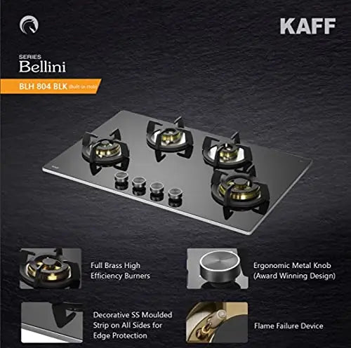 Kaff Built in Hob BLH 804 Auto Electric Ignition - 4 Full Brass High Efficiency Burners, Big Triple Ring Burner, Mini Ring Burner, 2 Dual Ring Burner Black