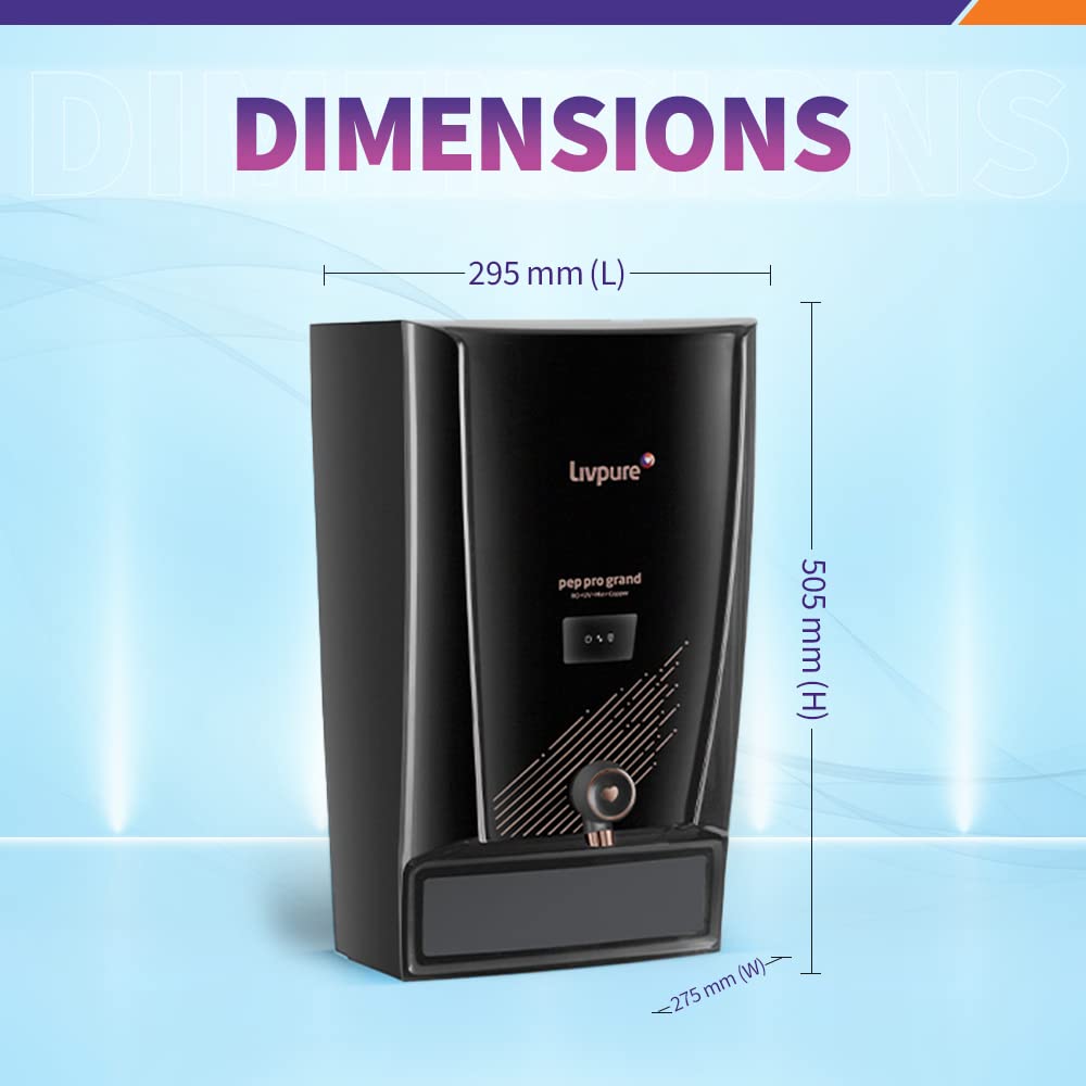 Livpure Pep Pro Grand RO+UV+Mineraliser+Copper, 15 LPH Water Purifier | Suitable for Borewell, Tanker, Municipal Water - 7 L Storage Tank, Black