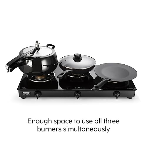 Glen 3 Burner Toughened Glass Top | Black | ISI Certified | Stainless Steel Drip Trays | Anti-Skid Feet | Ergonomic Knobs | 2 Year Warranty | CT3B70BLBB