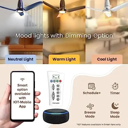 क्रॉम्पटन साइलेंट प्रो ब्लॉसम 1200 मिमी (48 इंच) प्रीमियम डिज़ाइन, स्मार्ट iOT सुविधाओं के साथ साइलेंट पंखा, रिमोट कंट्रोल और BLDC मोटर (डेनिम ब्लू)