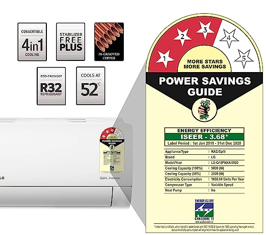 एलजी 1.5 टन 3 स्टार कन्वर्टिबल, डस्ट फ़िल्टर, डीह्यूमिडिफ़ायर, ऑटो क्लीन स्प्लिट सिस्टम एसी (कॉपर, इन्वर्टर, कन्वर्टिबल, 2021, LS-Q18PNXA, सफ़ेद)