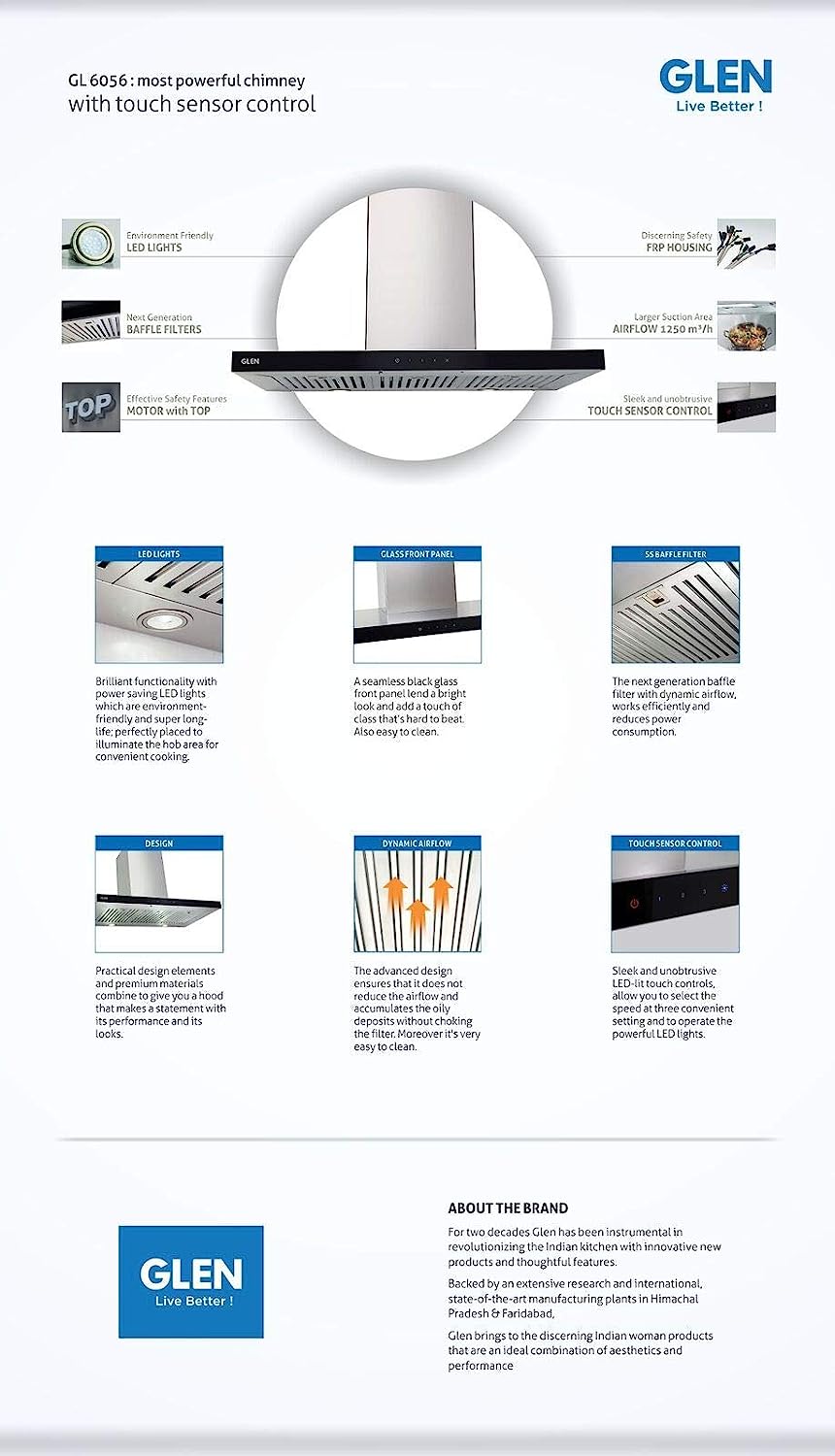 க்ளென் எலக்ட்ரிக் கிச்சன் சிம்னி டச் சென்சார் 6056 TS 1250 m3/h - 60 செ.மீ.