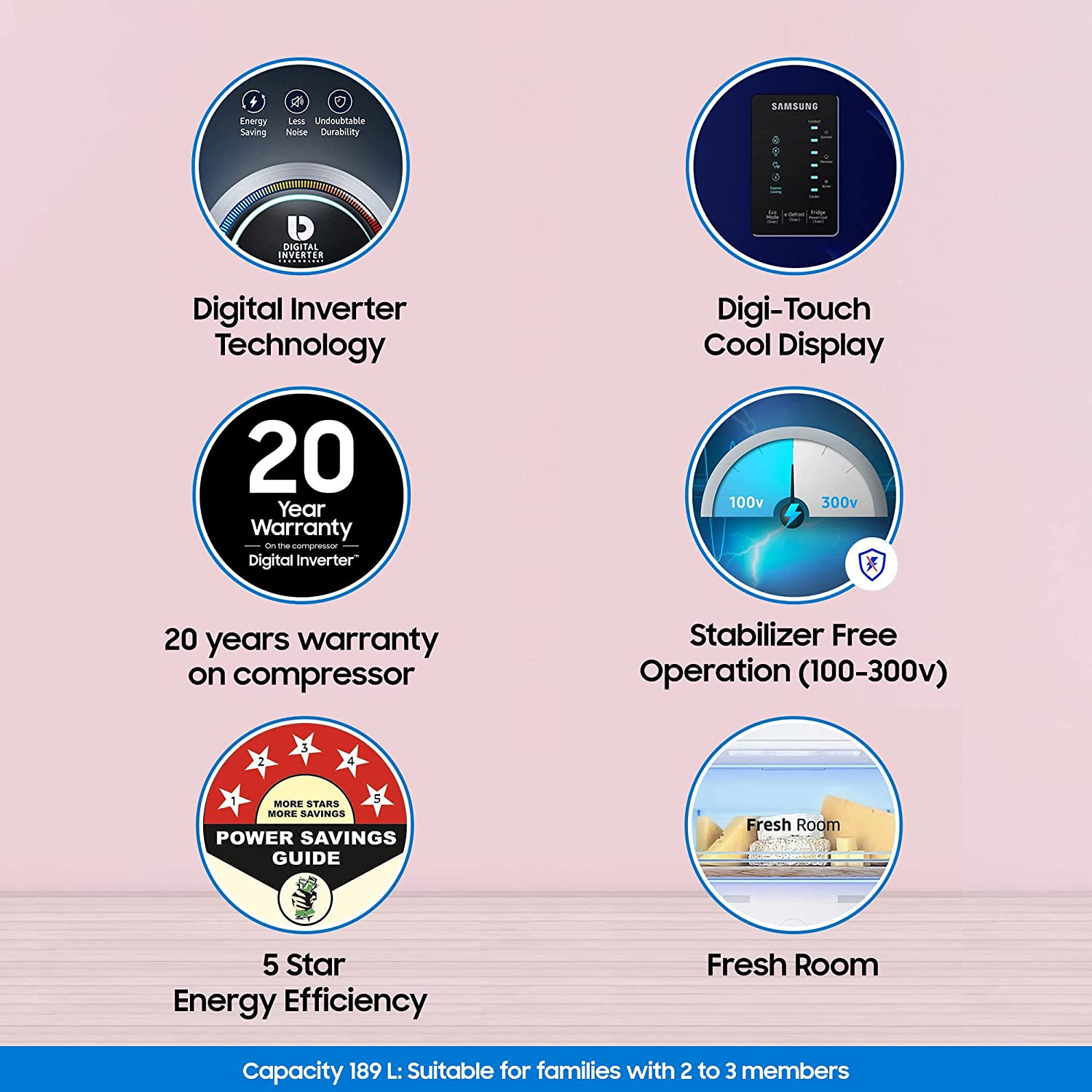 सैमसंग 189 L 5 स्टार डिजी-टच कूल, डिजिटल इन्वर्टर डायरेक्ट कूल सिंगल डोर रेफ्रिजरेटर (RR21C2E25HS/HL, हाइड्रेंजिया ब्लू)