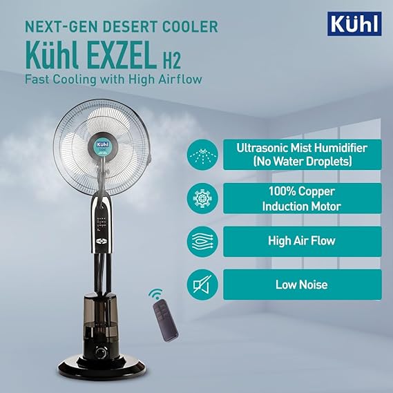 KUHL Exzel H2 Next Gen Desert Cooler Pedestal with Mist & Humidifier | 3 Blades | 3 Speed | Remote & Touch Panel | Height Adjustment | 8 Hr Water Tank | 400 mm