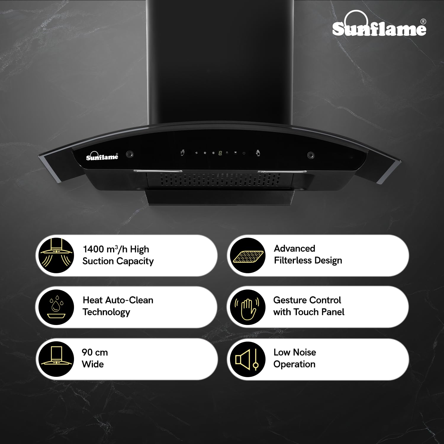 Sunflame Lamia 90 FL HAC TC Filterless Auto-Clean Kitchen Chimney | 90cm | 1400 m³/h High Suction Capacity | Touch Panel Control |1-Year Comprehensive & 5-Year Motor Coverage