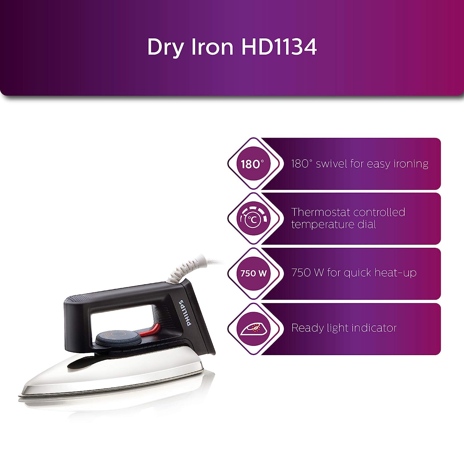 Philips Dry Iron HD1134/28 with 750 Watts Power, linished Soleplate and Temperature Ready Light