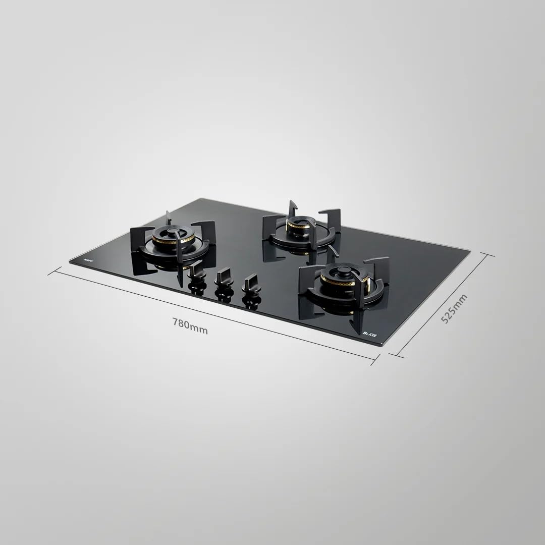 KAFF BZ 783 Built-in Hob | Auto Ignition | 3 High Efficiency Forged Brass Burners Coated in Black | 8 Mm Thick Black Tempered Glass with Round Edges | Metal Knob