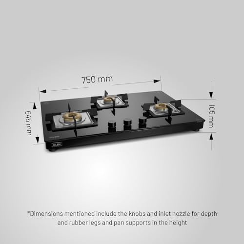க்ளென் 3 பர்னர் அல்ட்ரா ஸ்லிம் ஃப்ரீ ஸ்டாண்டிங் ஹாப் | 8 MM டஃபன்ட் கிளாஸ் | கருப்பு | போலி பித்தளை பர்னர்கள் | 2 வருட தரநிலை & 5 வருட கண்ணாடி | 1073 US BL 75 செ.மீ.