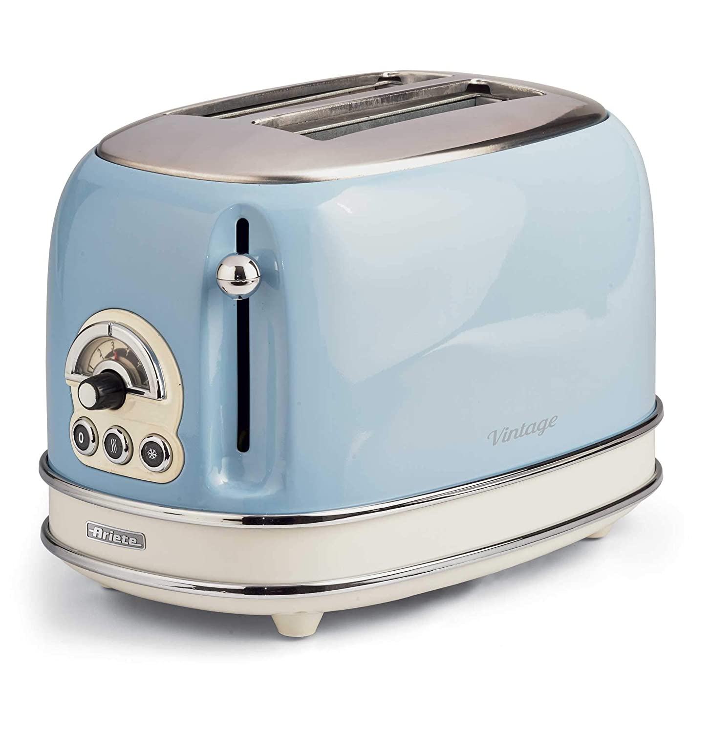 Ariete 155 Design Toaster 2 Slices With Tongs, 6 Toasting Levels, 810 W, Stainless Steel Body, Removable Crumb Tray, Pastel Blue