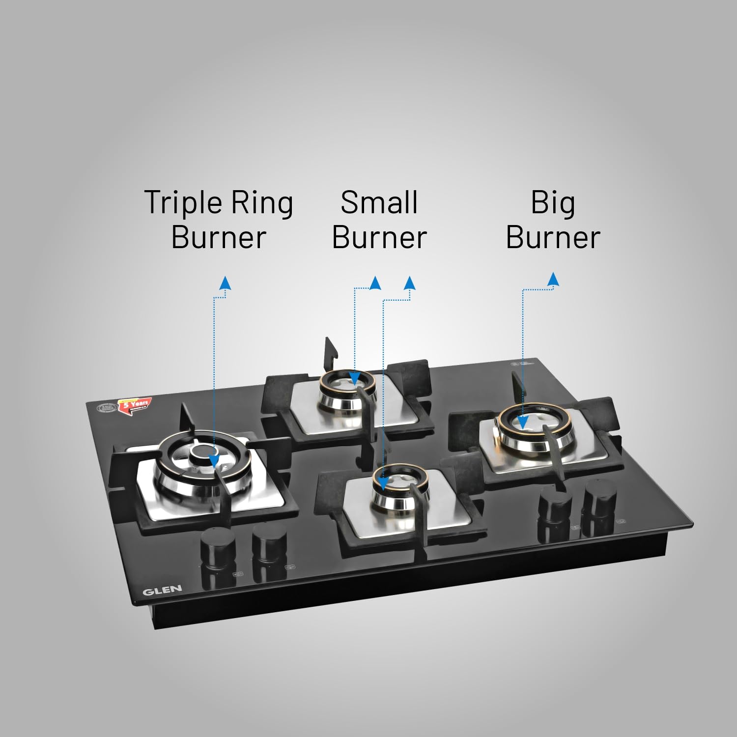 Glen 4 Burner Glass Hob Top Triple Ring Burner Double Ring Forged Brass Burner Auto Ignition (1065 X Sq Ht Db Tr), Black