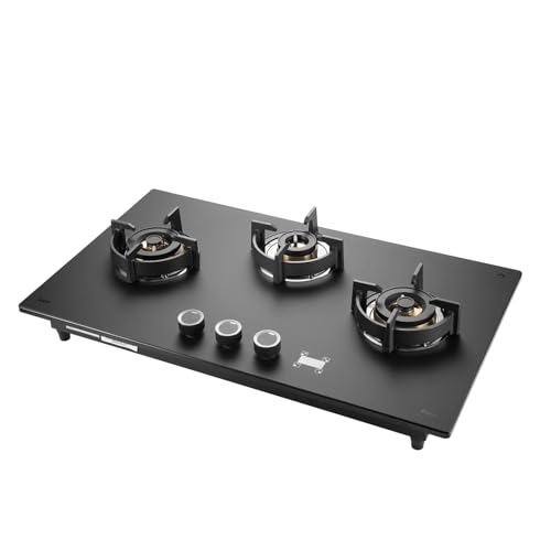 KAFF PRESTON PRS 783 Built-in Hob/Hobtop 3 Burners with Digital Timer, Auto Electric Ignition Glass Top, 78 CM, Full Brass Burners with Flame Failure Device, Metal Knobs (Black)