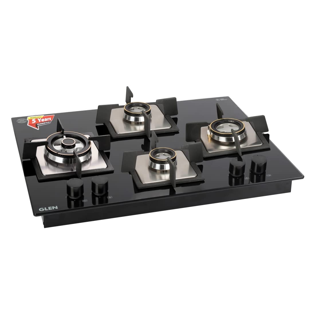 Glen 4 Burner Glass Hob Top Triple Ring Burner Double Ring Forged Brass Burner Auto Ignition (1065 X Sq Ht Db Tr), Black