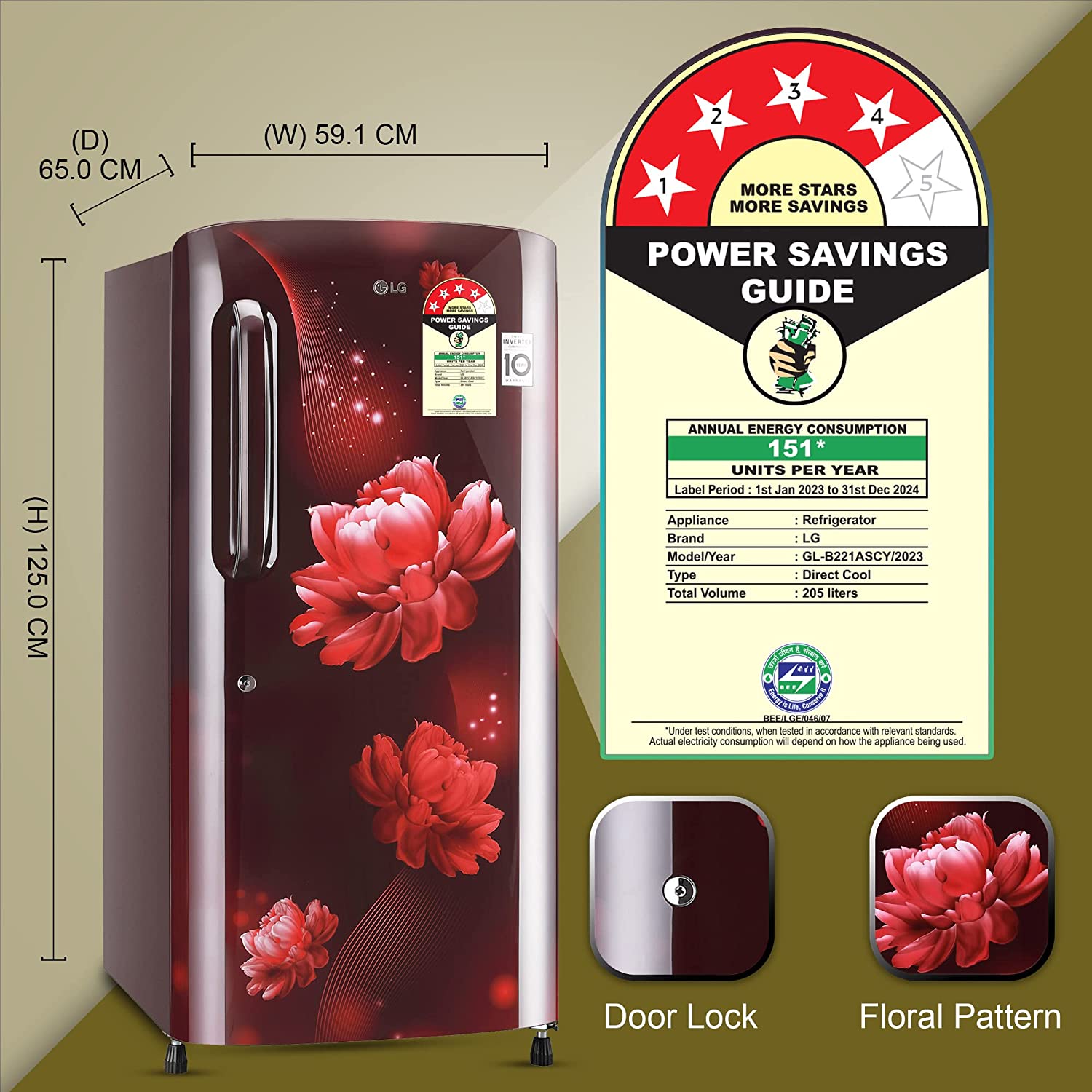 LG 205 L 4 ஸ்டார் இன்வெர்ட்டர் டைரக்ட்-கூல் சிங்கிள் டோர் ரெஃப்ரிஜிரேட்டர் (GL-B221ASCY, மொத்த அளவு- 215 L)