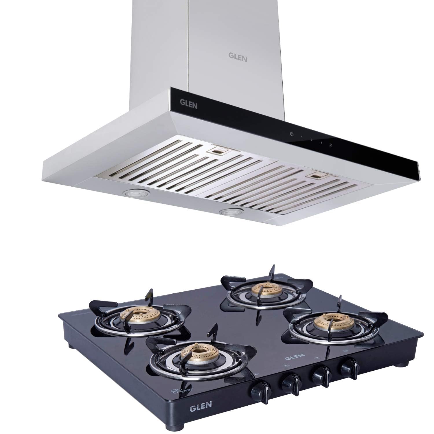 Glen 60 cm 1000 m3/h 6056 SX TS Glass Gas Cooktop Como both 4 Burner 1043 GT Brass Black