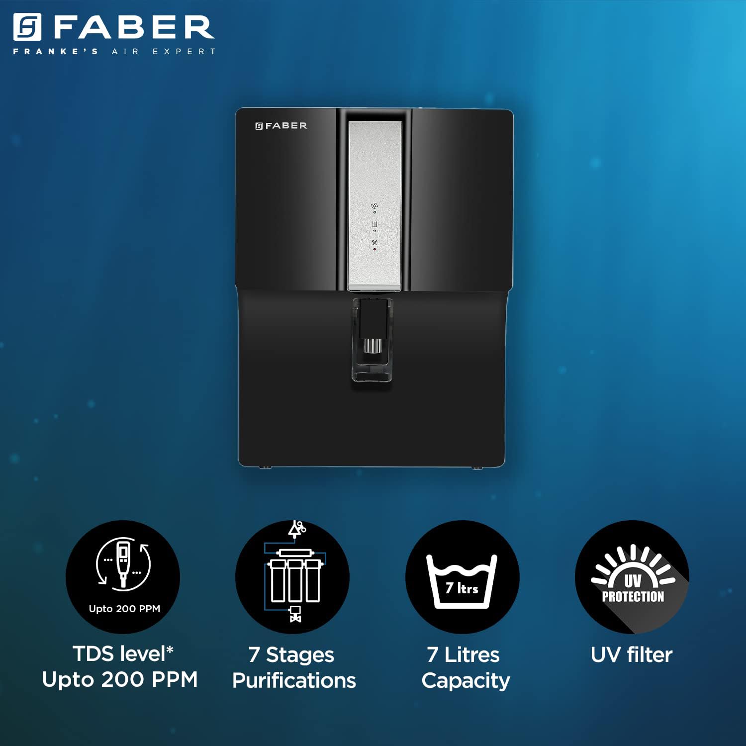 Faber XUV 8000 (UV + UF + Alkaline)| 7L Storage|7 Stage Filtration Pre & Post Carbon|Upto 500 PPM TDS|Tank Full, Power, Purification Indicator|Suitable for Municipal Water