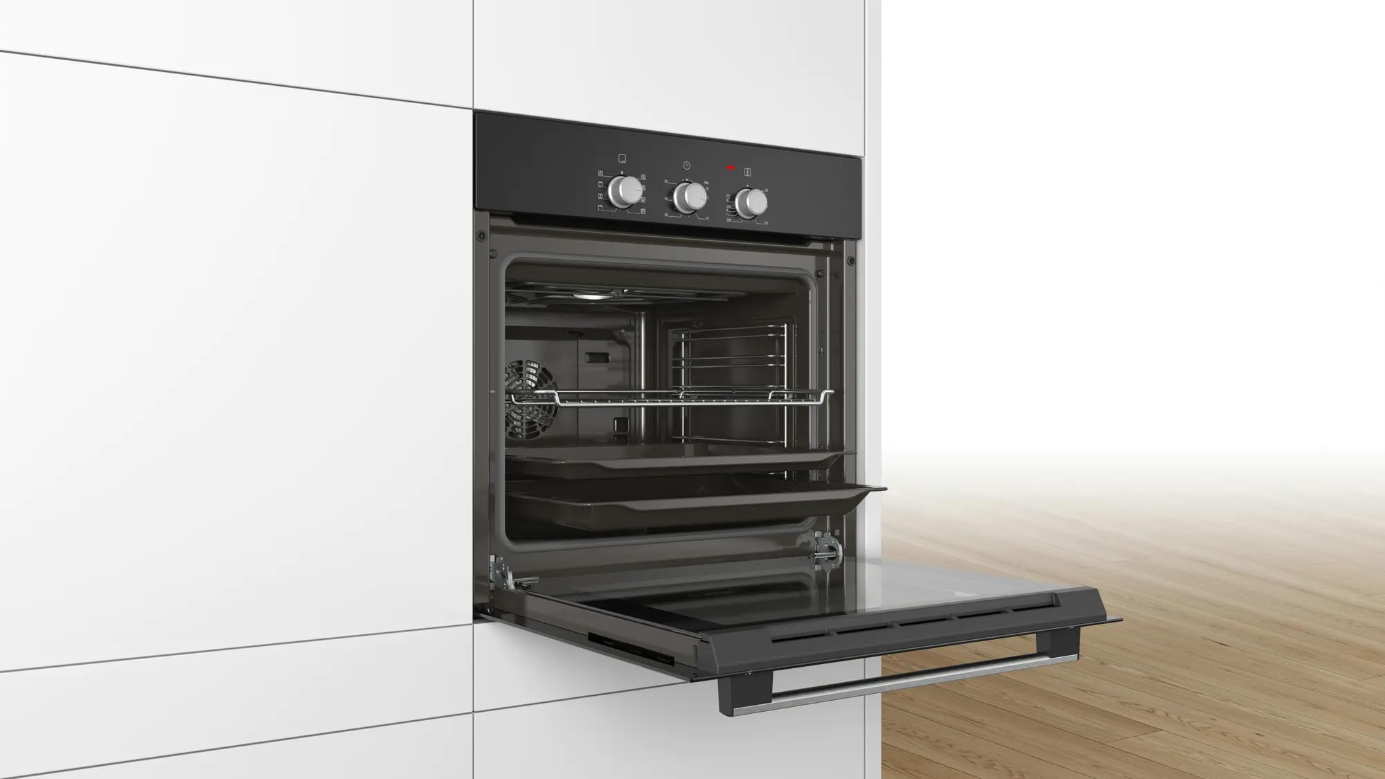 3D சூடான காற்றுடன் கூடிய Bosch 66 L தொடர் 2 உள்ளமைக்கப்பட்ட அடுப்பு 60 x 60 செ.மீ (HBF031BA0I, கருப்பு)