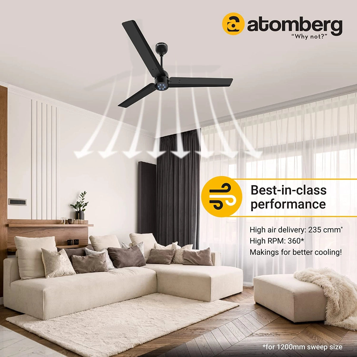 atomberg Ceiling Fan Renesa 1200mm With BLDC Motor & Remote (Energy Saving, Matt Black)