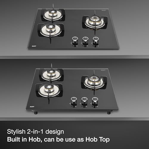 KAFF VRH 603 Built-in Hob/Hobtop 3 Burners with Auto Electric Ignition Glass Top, 60 CM, Brass Burners, Matt Enameled Pan Support, 8 MM Thick Toughened Glass (Black)