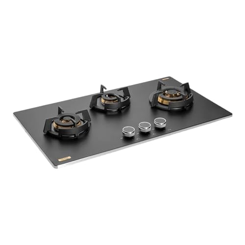 KAFF MSM 783X | Full Brass Burners | Flame Failure Device | Premium Frosted Black Glass With Decorative SS Moulded Strip | Ergonomic Designer Metal Knobs | 3 Burner (Black)