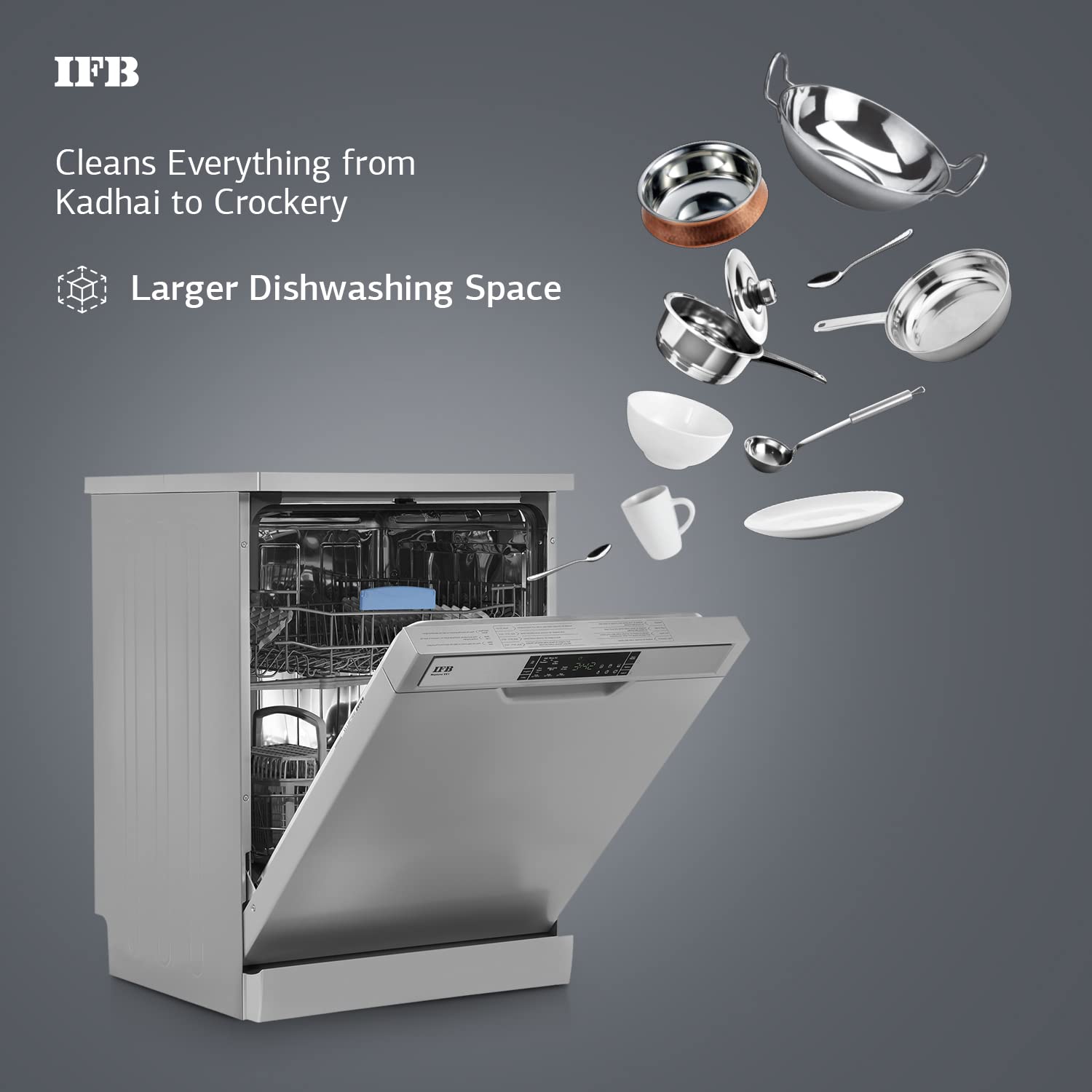 IFB 12 இட அமைப்புகள் சூடான நீர் கழுவும் இலவச நிற்கும் பாத்திரங்கழுவி (நெப்டியூன் VX1, கிராஃபைட் கிரே, சுகாதாரமான நீராவி உலர்த்தலுடன் உள்ளமைக்கப்பட்ட ஹீட்டர், இந்திய பாத்திரங்களுக்கு ஏற்றது)