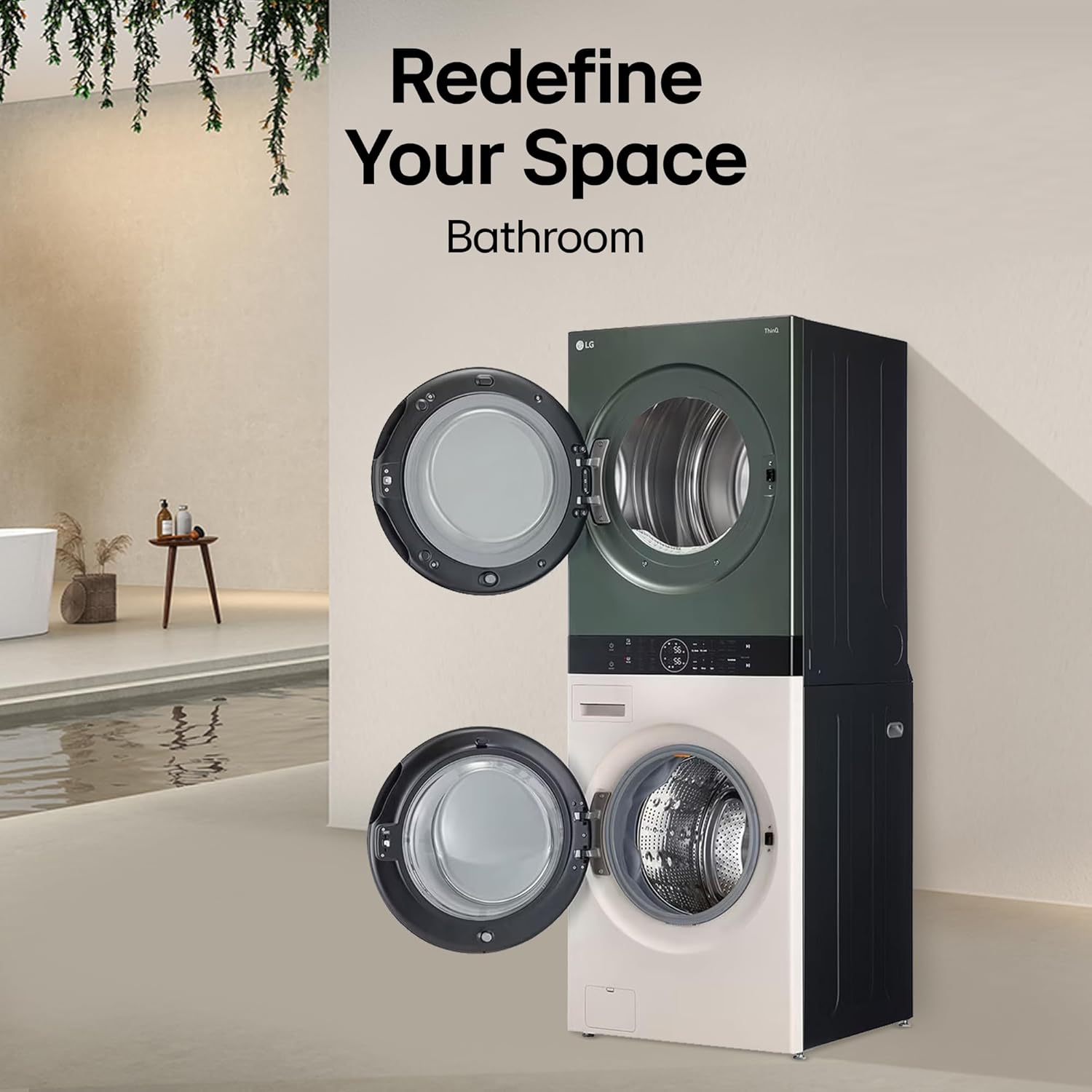 LG WashTower 13 Kg /10 Kg with AI Direct Drive & DUAL Inverter Heat Pump, Fully Automatic Front Load Washing Machine and Dryer (FWT1310BG) with Wi Fi & Central Control Panel Natural Beige & Green