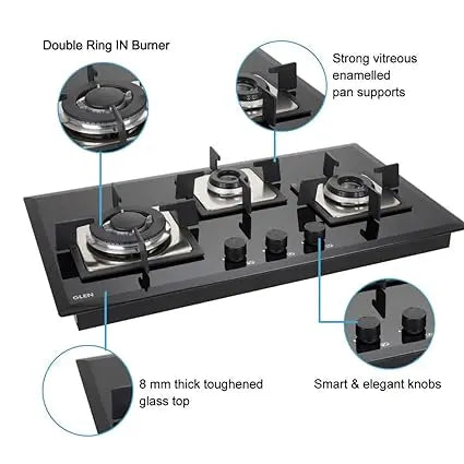 க்ளென் 3 பர்னர் பில்ட் இன் கிளாஸ் கேஸ் ஹாப் டாப் உடன் இத்தாலிய டபுள் ரிங் பர்னர்கள், ஆட்டோ இக்னிஷன், கருப்பு (1073 SQ HT IN TR)