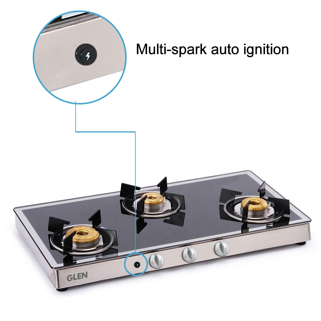 Glen 1038 GT Forged BB 3 Burners Gas Stove Auto Ignition (Black/Silver)